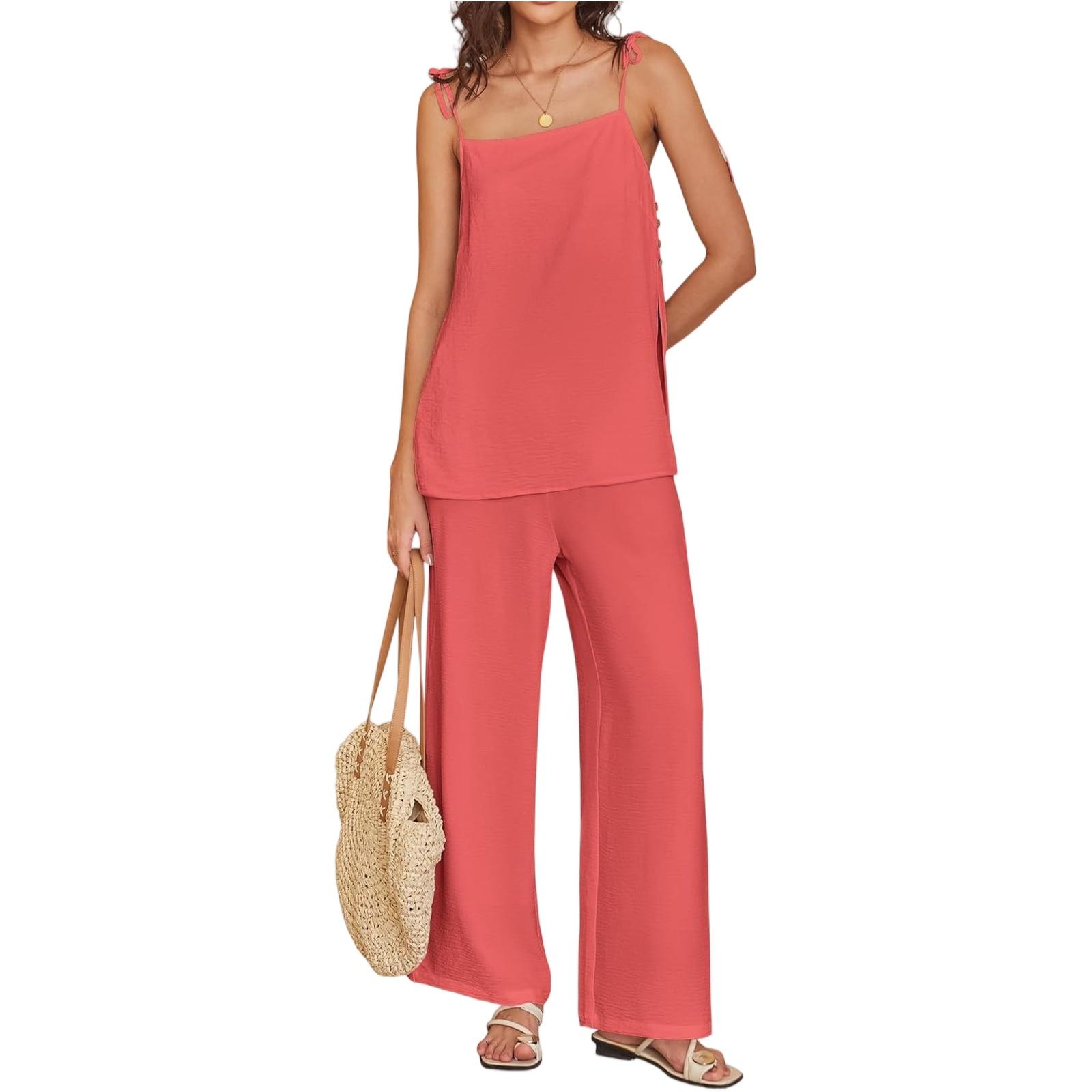 

Women s Casual Summer Cotton And Linen Fashion Thin Shoulder Strap Vest Pants Set XL кавун червоний колір