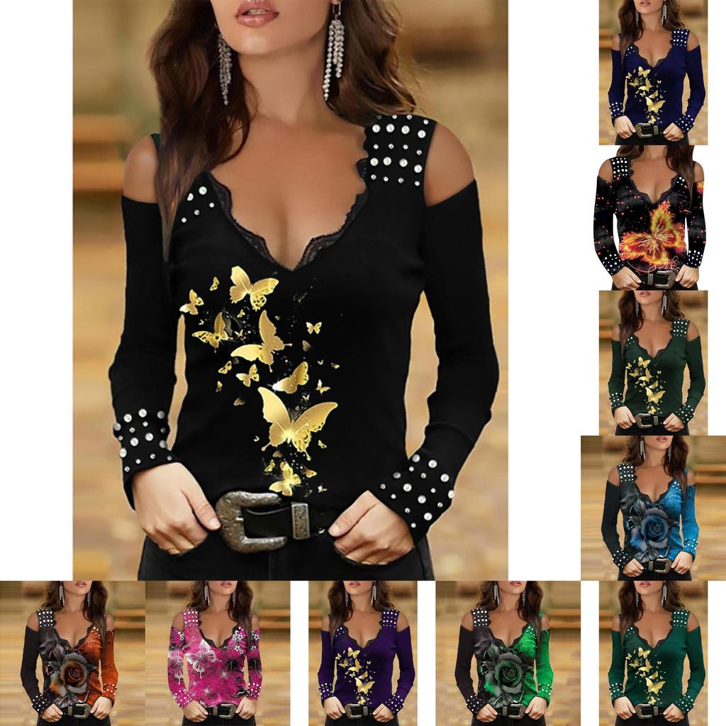 Spring V Neck T Shirt With Lace And Flower Print For Elegant Office Wear