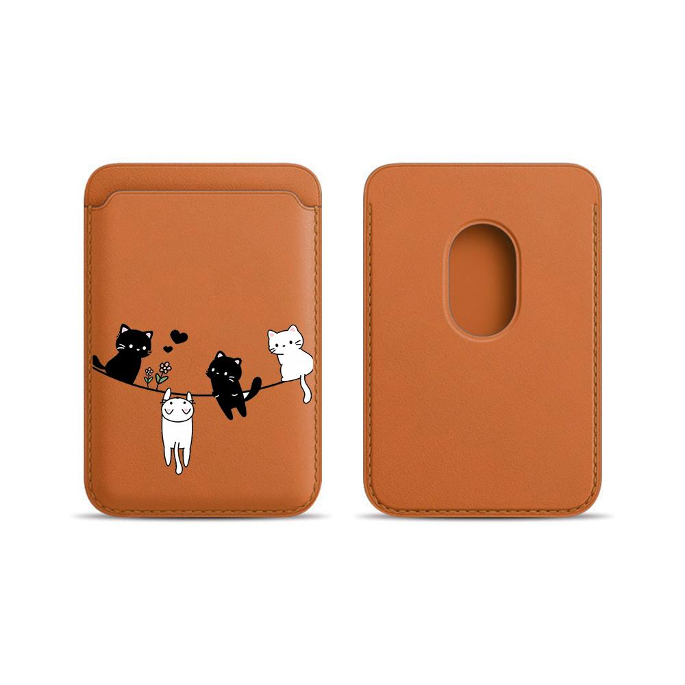 Cute Kitten Leather Card Wallet Cover Phone Card Holder Magnetic Case Suitable For All iPhone For Magsafe Card Phone Back Bag