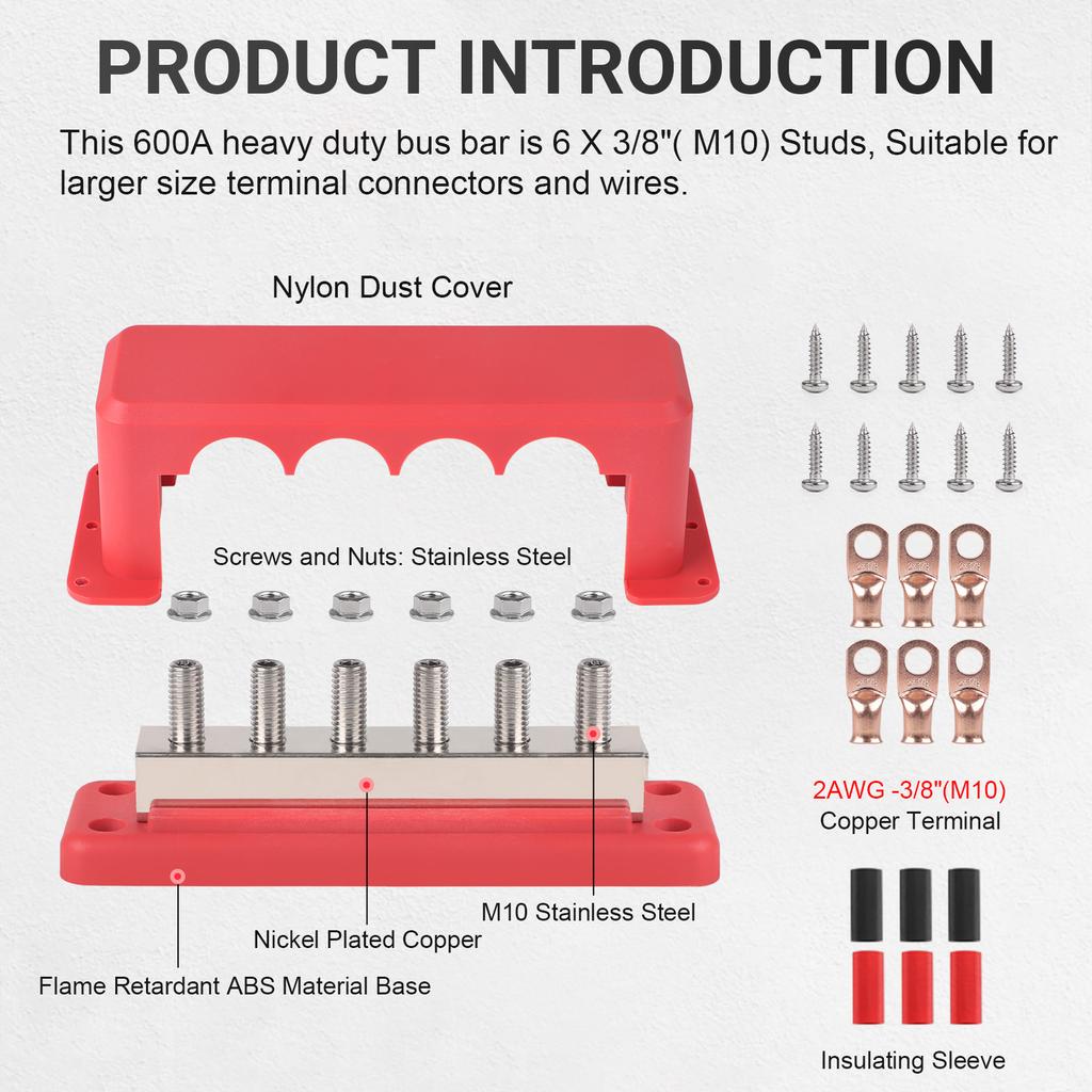 600A Bus Bar Terminal Power Distribution Block M10 Studs DC Positive Negative Terminal Block For Boat Car RV Cable Organizer