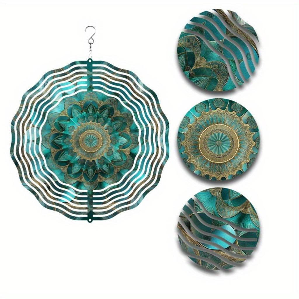 Hanging Wind Spinner with Intricate Mandala Design – Teal Blue & Golden Metal Art Chime for Balcony, Lawn, or Garden Decor, 360° Rotating Hook