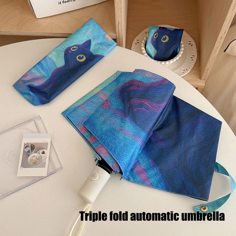 Yellow Blue Oil Painting Cat Folding Umbrella Rain Sun Dual-use Automatic Sun Umbrella Sun Protection And UV Protection Portable