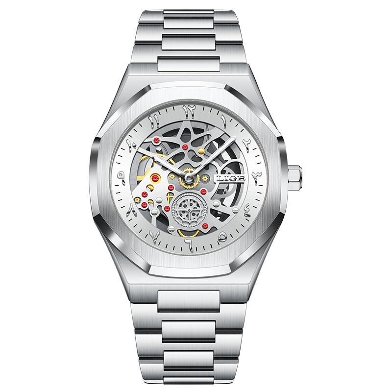 LIGE Imitation Mechanical Men s Watch Advanced Business Casual Stainless Steel Waterproof Men s Quartz Watch серебряный