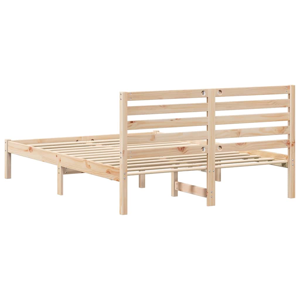 Brown Bed Frame with Headboard 140 X 190 Cm Solid Pine Wood