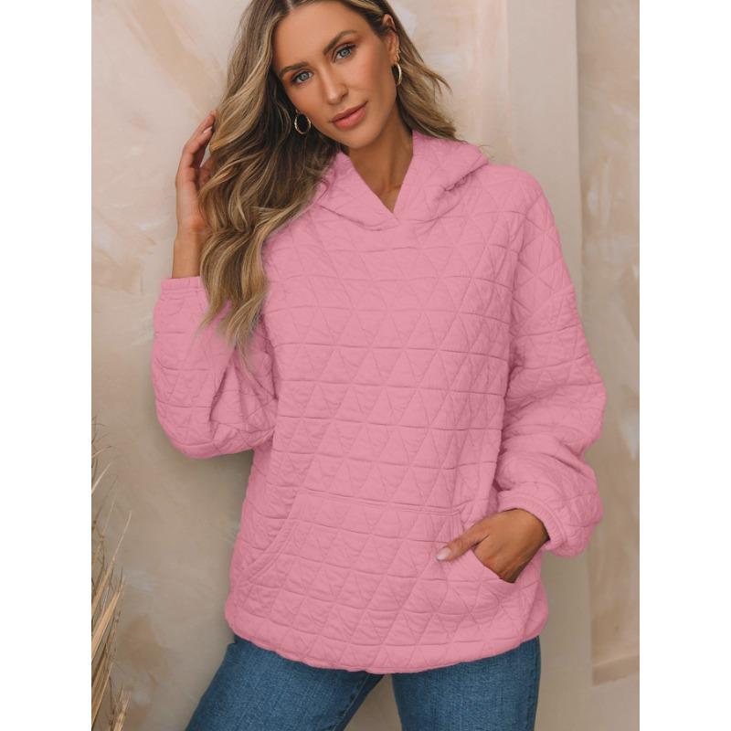 Autumn Solid Color Women's Hooded Sweatshirt Casual Wind Pocket Quilted Long Sleeve Top