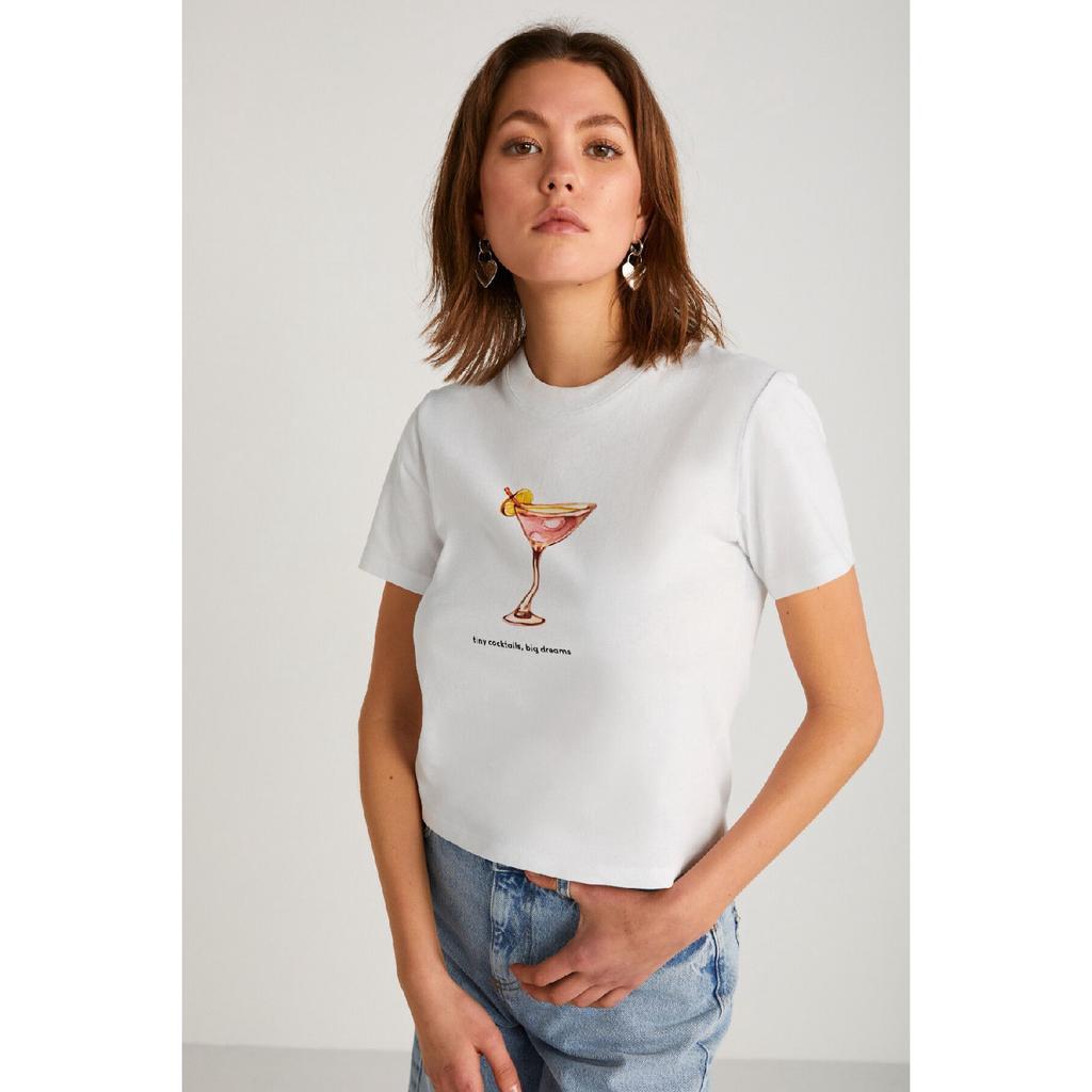 Tricou alb cu mânecă scurtă cu imprimeu în față Ivonne pentru femei