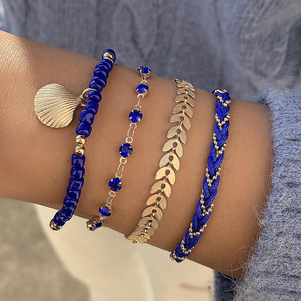 Grenzüberschreitender Schmuck, Reiskörnerperlen, Perlenketten, Geflochtene Seile, Muscheln, Geometrische Diamantbesetzte Blätter, Mehrschichtiges Armband-Set