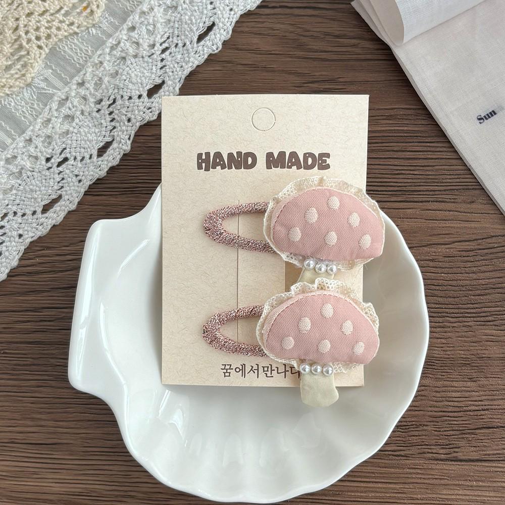 Korean Pink Strawberry & Mushroom Embroidered Lace Hair Clip for Girls
