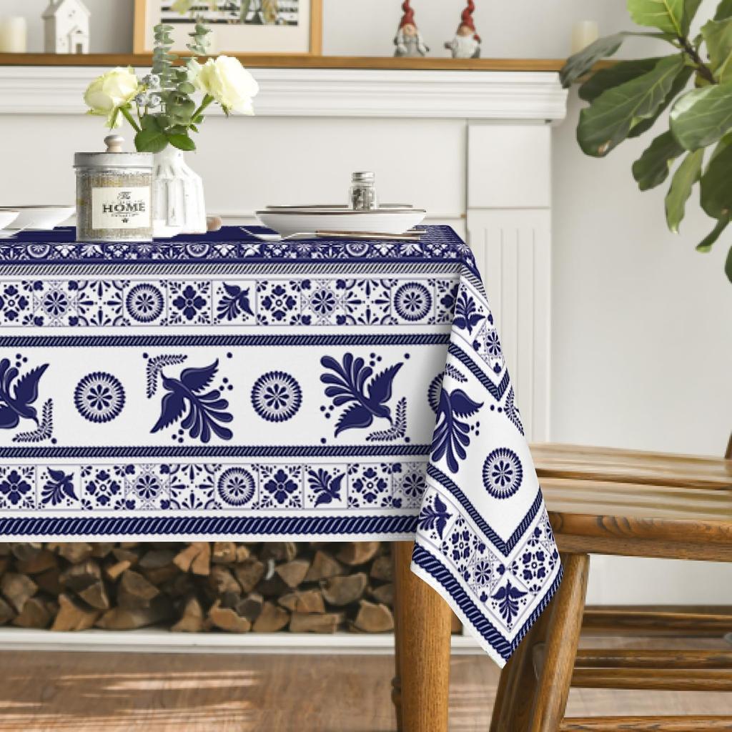 Mexican Floral Birds Rectangle Tablecloths Blue Patchwork Tiles Waterproof Table Cover For Home Party Kitchen Dining Table Decor