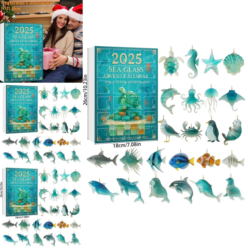Marine Life Advent Calendar With 24 Acrylic Animal Ornaments For Christmas Home Decor