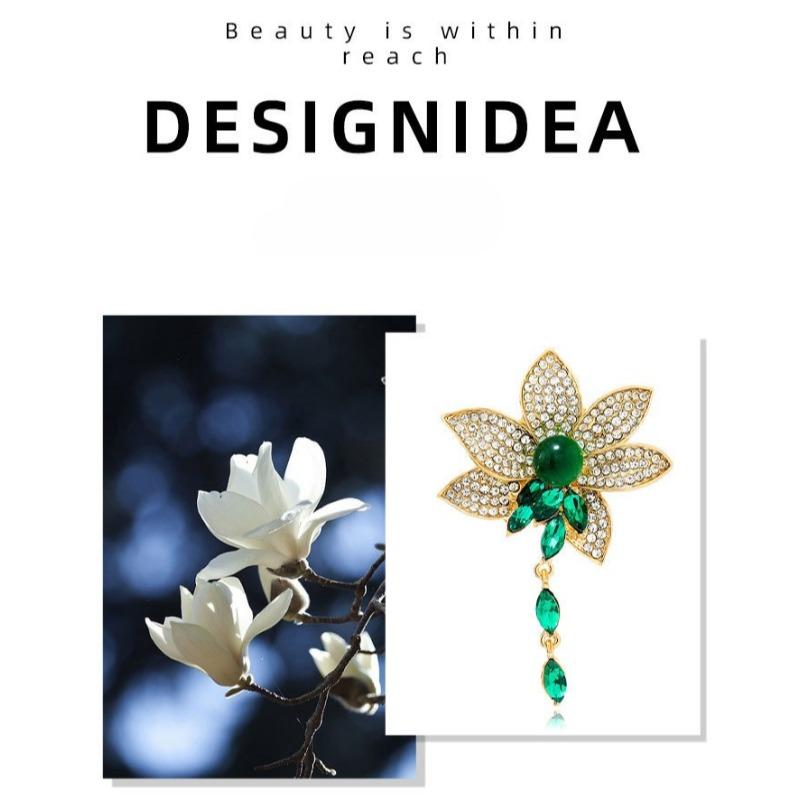 Brooch, Luxurious Chinese Style Elegant Emerald, Lotus Tassel Brooch, Coat Accessory, Chest Flower, Anti Slip Pin