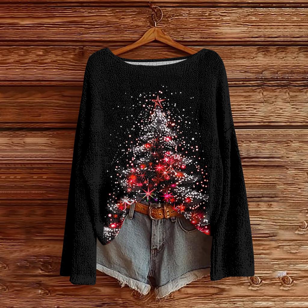 Women's Casual Fashion Round Neck Top Christmas Print Long Sleeve Knit Pullover