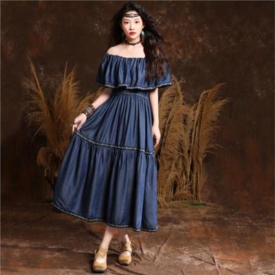 Fashion Niche Design Ruffles Dress Summer Women Vintage Embroidery Splicing Solid Color Casual Cowboy Dress