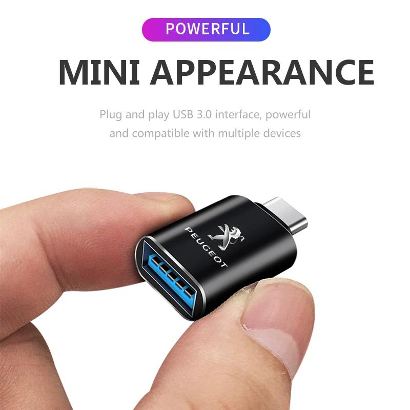 1pcs New Car Type-C To USB Interface Mini Converter Charging Adapter logo For Peugeot 206 208 306 307 308 407 408 508 2008 3008