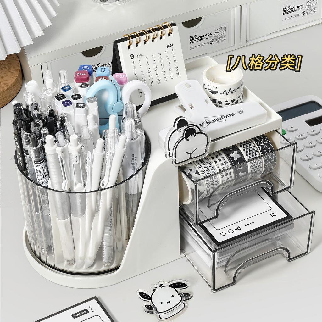 Rotating Pen Holder Large Capacity Desk Organizer with Drawer 360° Spinning Pencil Stand for Office School Home