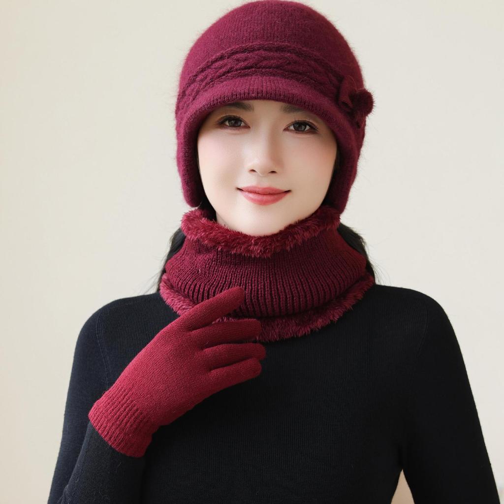Hat Winter Knitted Rabbit Fur Scarf Set Mom Middle-aged Old Lady Home Lover Cold Protection Grandma