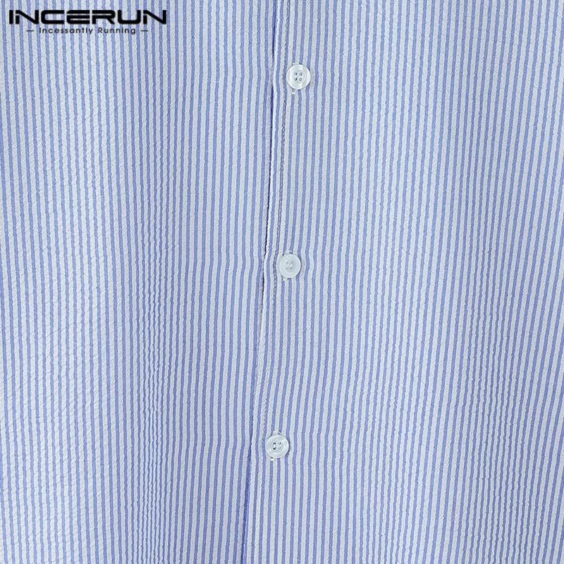 INCERUN Men Lapel Long Sleeve Striped Print Shirts Semi-Sheer Texture Tops