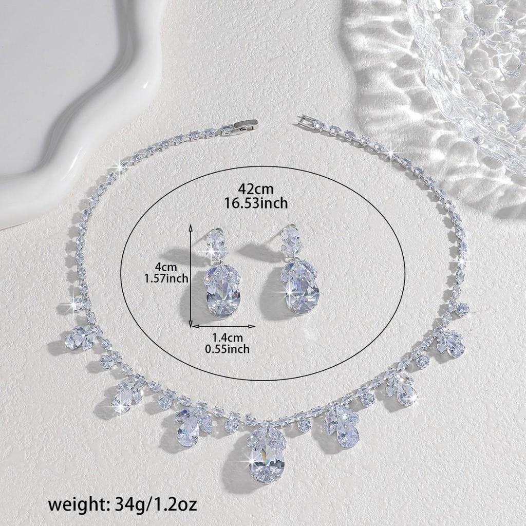 Set Fashion Trend Zircon Earrings & White Water Drop Necklace Jewelry