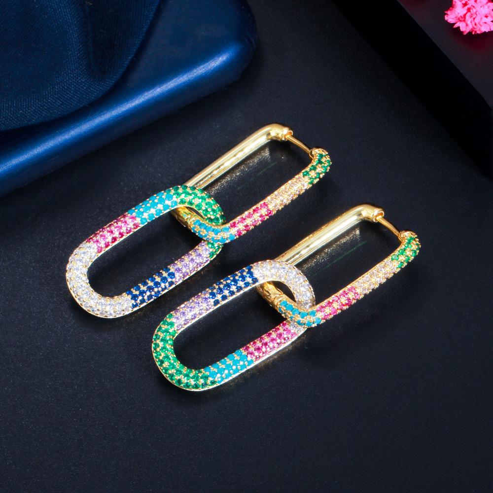 Popular Geometric Lock Small Earrings Colored Zircon Vintage Buckle Copper Plated 18K Gold Micro-Inlaid Zircon Earrings