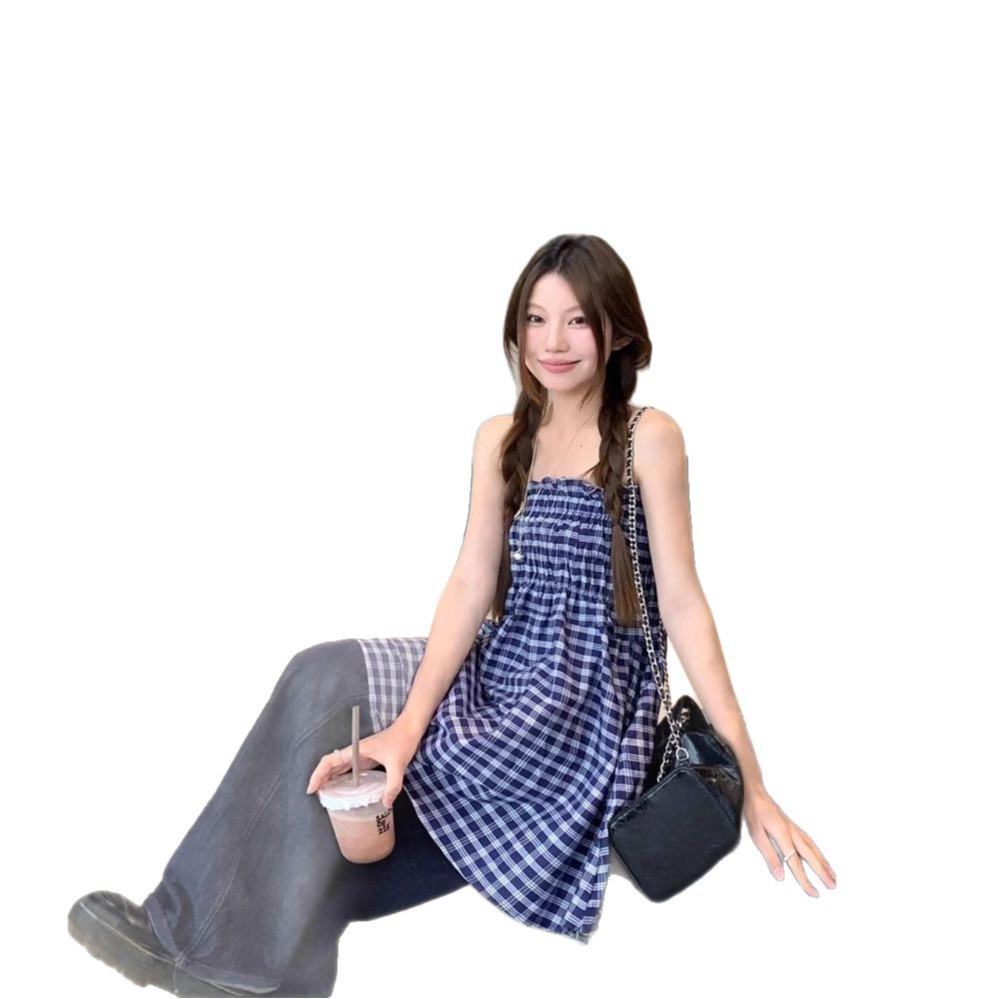 Korean Retro Checkered Bandeau Tank Dress A-Line Midi Skirt for Summer
