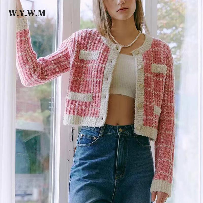 

WYWM зимний винтажный лоскутный вязаный свитер женский свободный однобортный укороченный кардиган женские повседневные модные элегантные топы