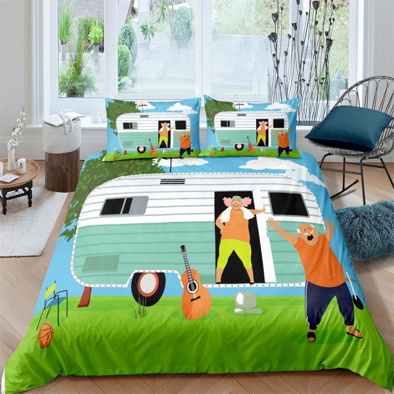 Happy Camping Dekbedovertrek Queen Cartoon Caravan Camping Beddengoedset Boerderij Stijl 3D Camper Dekbedovertrek Met Kussenslopen