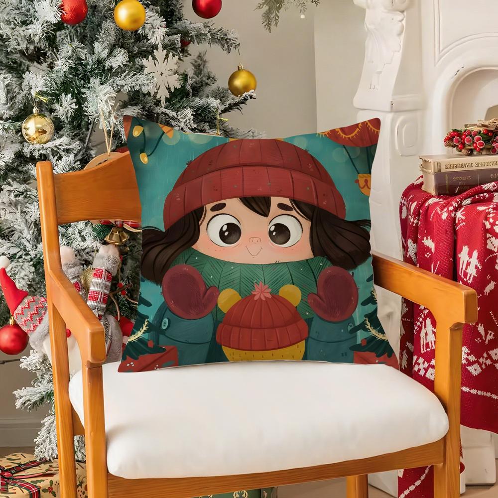 

Warm Christmas Cartoon Decorations Pillow Case Silky Short Plush With Invisible Zipper Dustproof Sofa Cushion Cover 12x12Inch