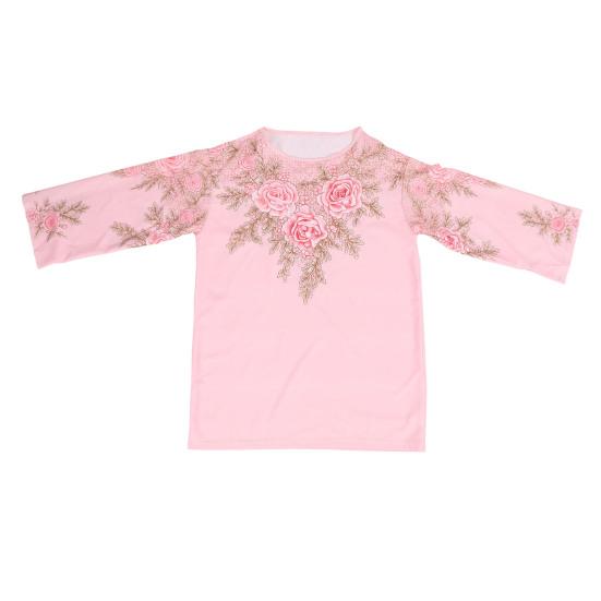 Women Tops Round Neck Long Sleeve Loose Fit Tee Shirt 3D Flower Printing Faux Pearls Decor Pullover Tops Casual Office Wear