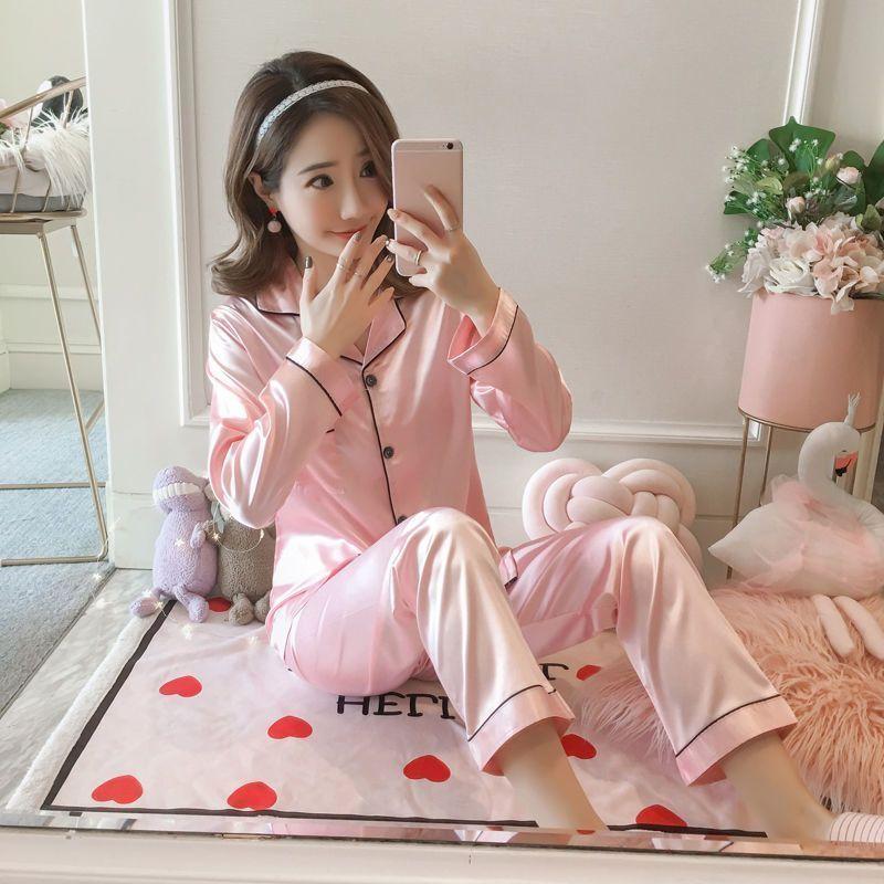 Women's Spring Sweet Ins Ice Silk Pajamas - Long-Sleeved Thin Cardigan Simulation Silk Home Service
