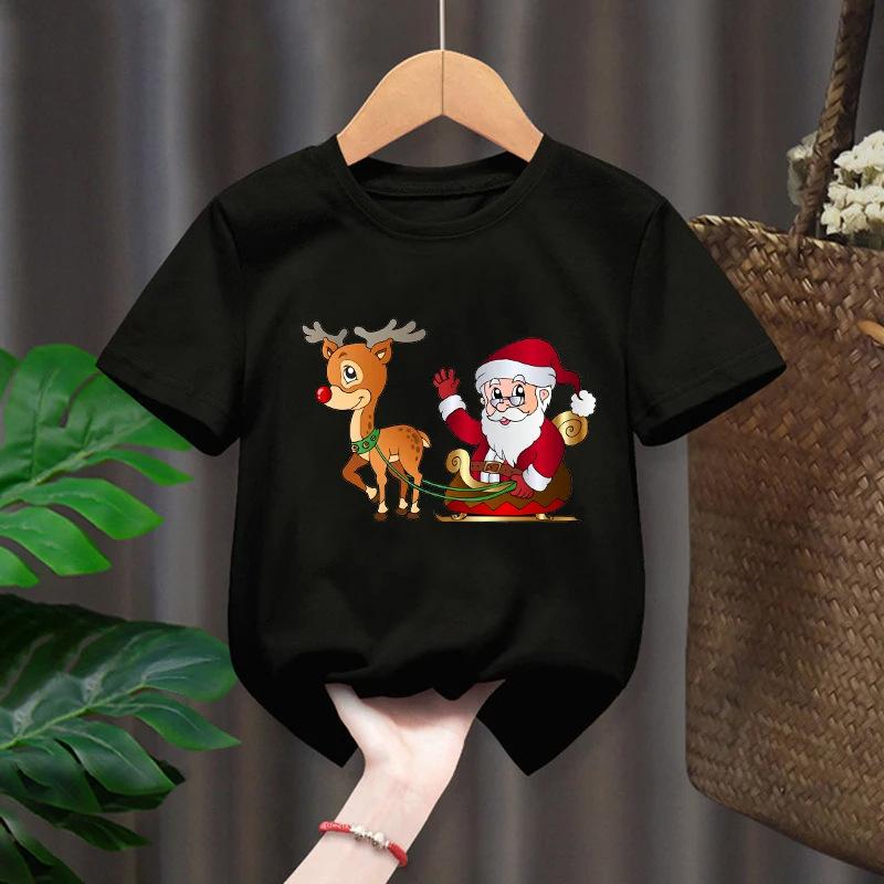 Neformální kreslené chlapecké a dívčí tričko top, vánoční Santa Claus sob s krátkým rukávem dětské oblečení, kulatý výstřih