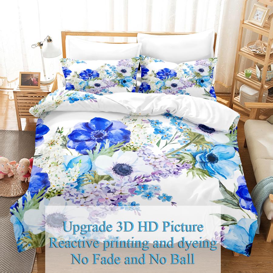 Blue Flower Duvet Cover Queen Size With Zipper Pillowcase 3D Floral Bedding Set 3pcs 2pcs Full King Twin Single Double Bed Thin
