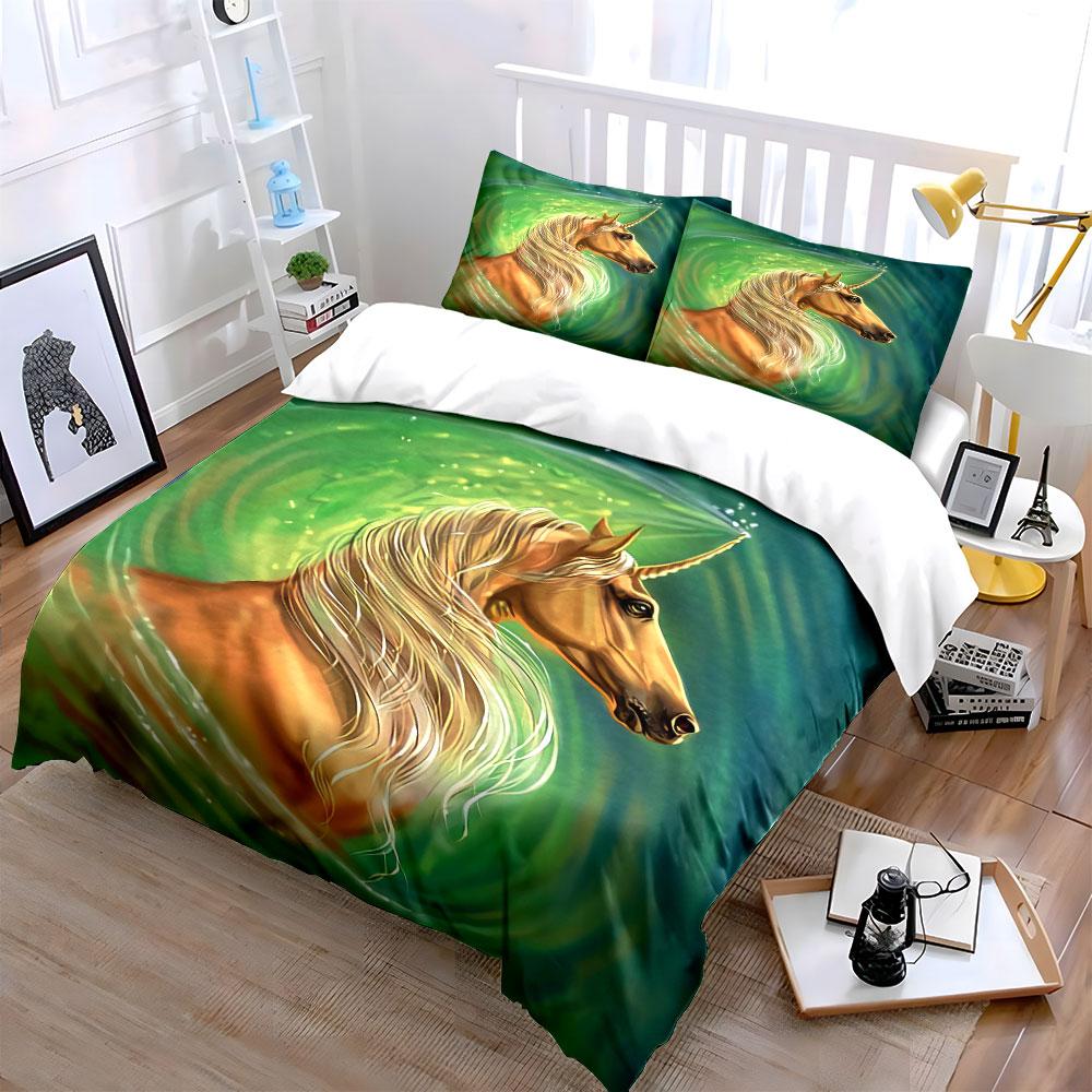 Golden unicorn, green swirl. Bedding sets Duvet cover sets Duvet covers Pillowcases(1 * Duvet Cover 2 * Pillowcases without duvet insert)