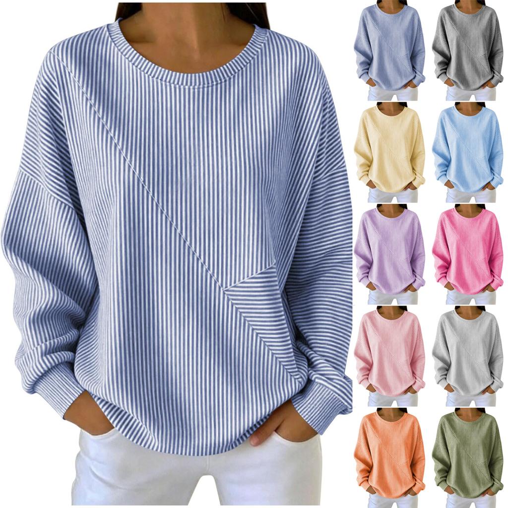 Sweatshirt à rayures pour femme, col rond, manches longues, haut pull décontracté
