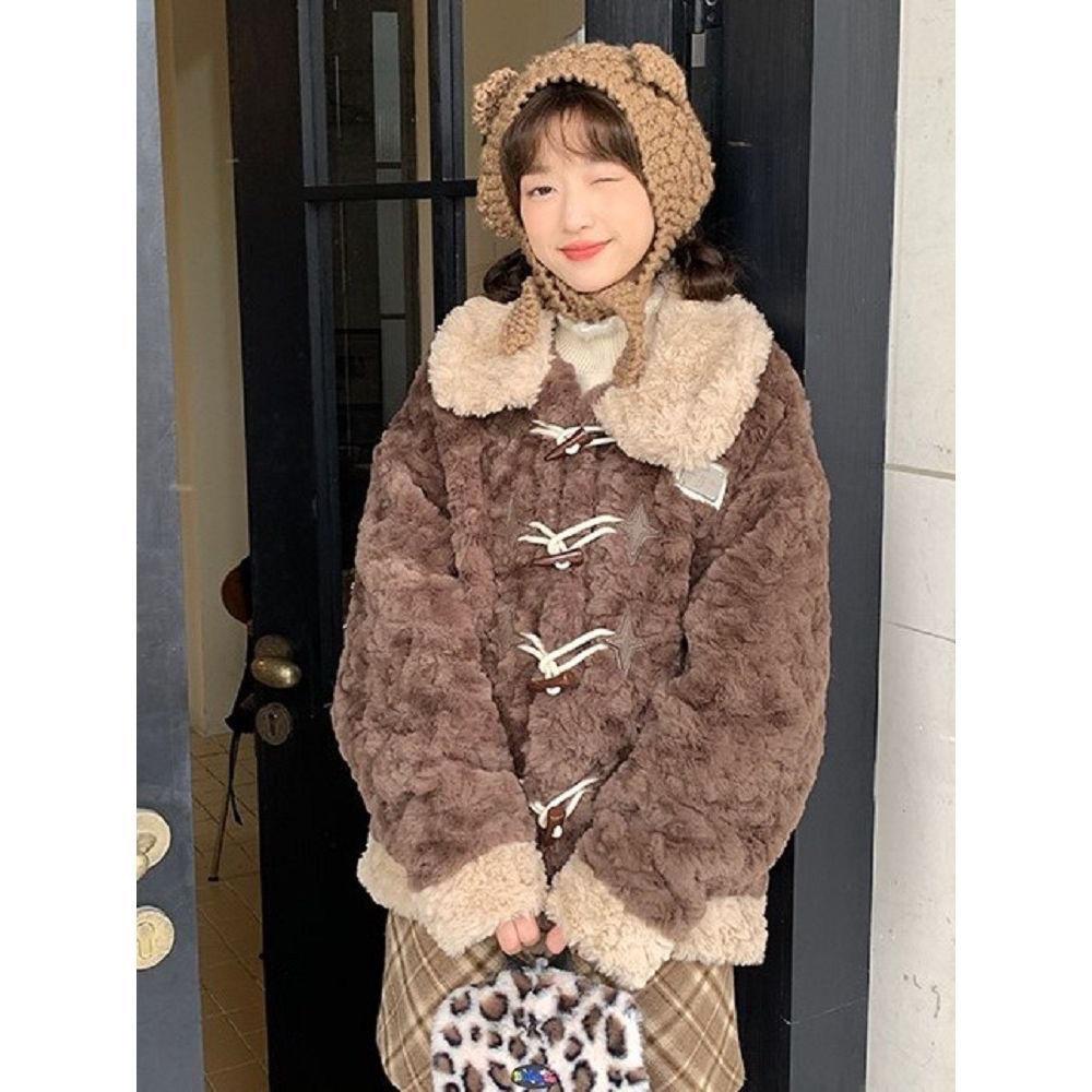 Winter new retro doll collar horn buckle splicing lamb wool thickened warm wool coat women