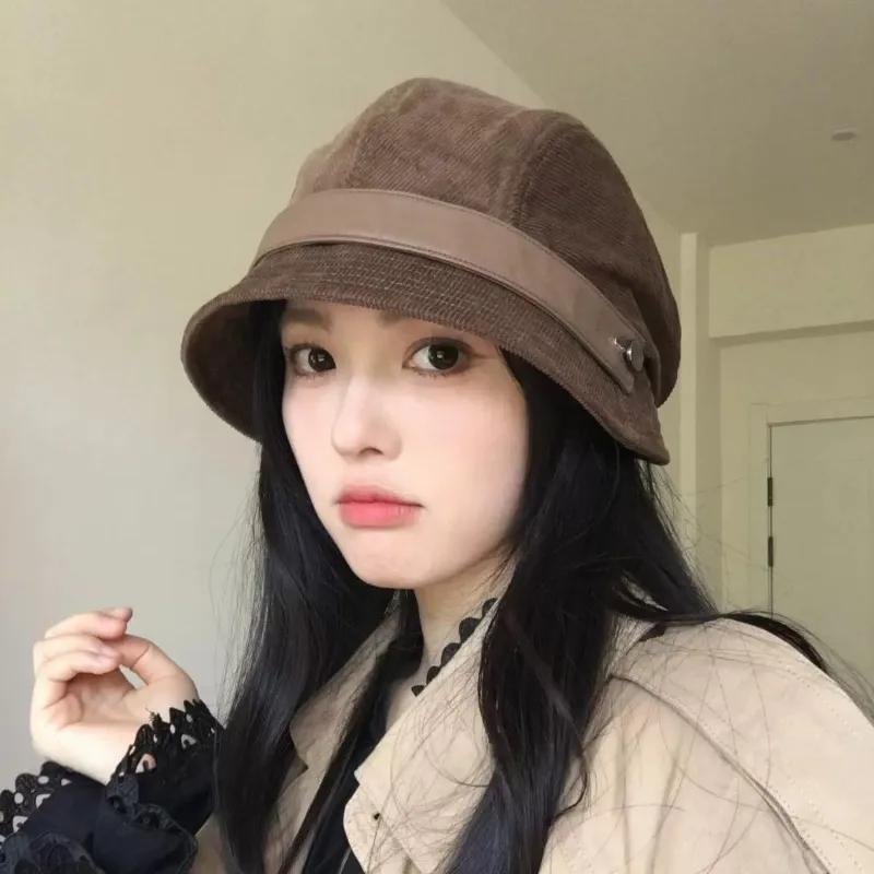 1pc Women's Solid Color Retro Corduroy Bucket Hat,Suitable for Autumn/Winter,Fashion Commute,Used As Gift Hat,Beret,Equestrian