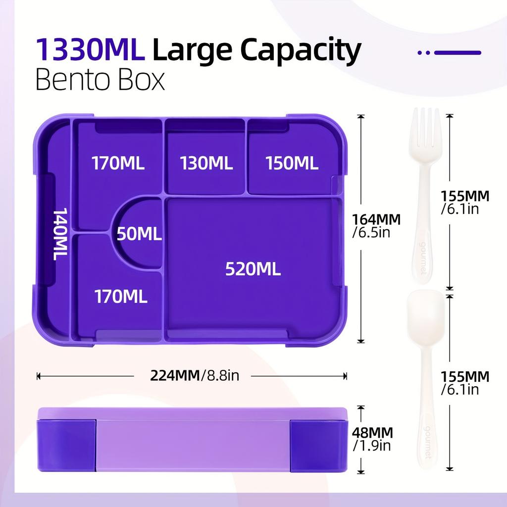 Bento Lunchbox-Set mit großem Fassungsvermögen mit auslaufsicherer Abdichtung, unterteilter Frischhalte-Lebensmittelbehälter mit Gabel und Löffel für Schulkinder