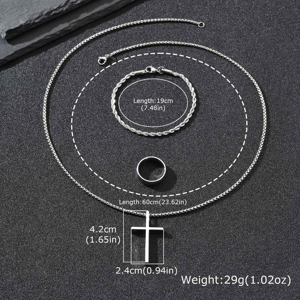 Vnox Men's Cross Pendant Necklace Classic Wedding Rings Rope Chain Bracelet Jewelry Set, Jewelry Set Gift for Dad Son Husband