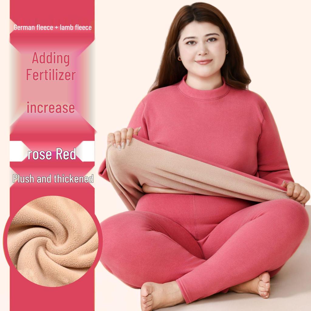 Women's Plus Size Fleece-Lined Lambswool Dralon Crew Neck Warm Underwear Set for Winter Cold Protection