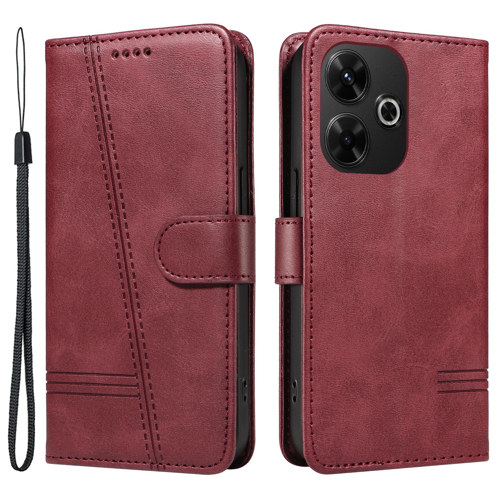 

For Xiaomi Redmi 13 5G/13 4G Anti-Scratch Phone Case Imprinted Line PU Leather Cover Wallet with Wrist Strap Wine Red