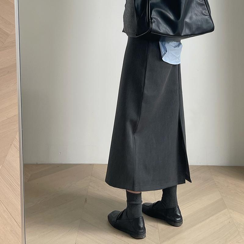 With Sweater Coat Skirts Autumn and Winter New Gray Back Slit Suit Skirt