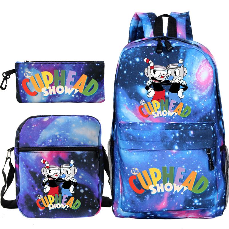 Cartoon Teacup Head Cuphead Student School Bag Backpack Three-piece Set Children's Shoulder Bag Pencil Bag