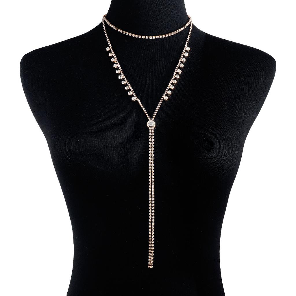 Women European Minimalist Y‑Shaped Long Choker Full Rhinestone Chain Geometric Necklace Jewelry