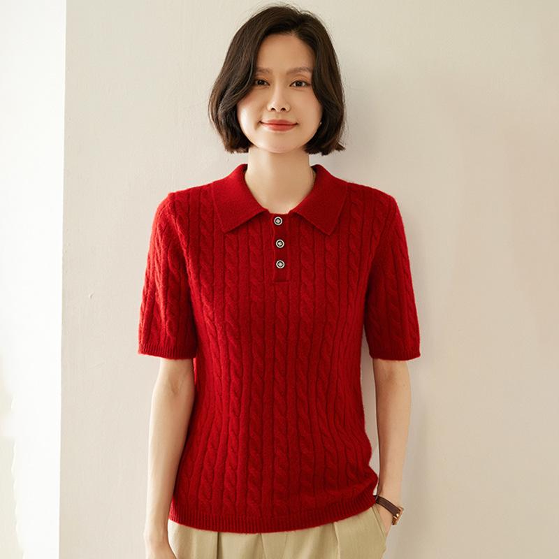 Women's Cable Knit Cashmere Short Sleeve Polo Sweater