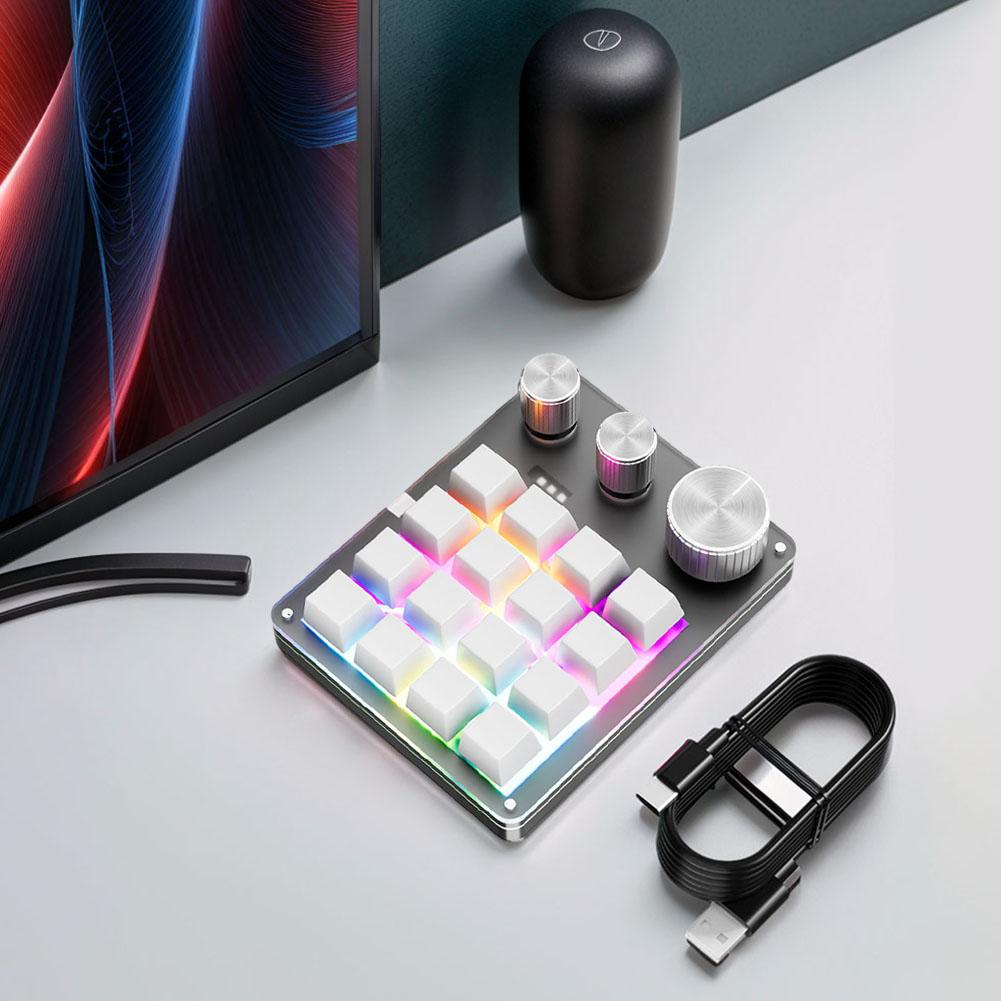 16 Keys Triple Knob One-Handed Keyboard Type-C Wired/Bluetooth-Compatible Programmable Macro Keyboard LED Backlight Mini Keypad