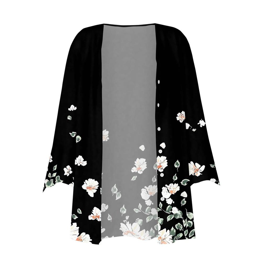 Women's Fashion Loose Casual Printed Seven-Part Sleeve Button Down Blouse Cardigan Top