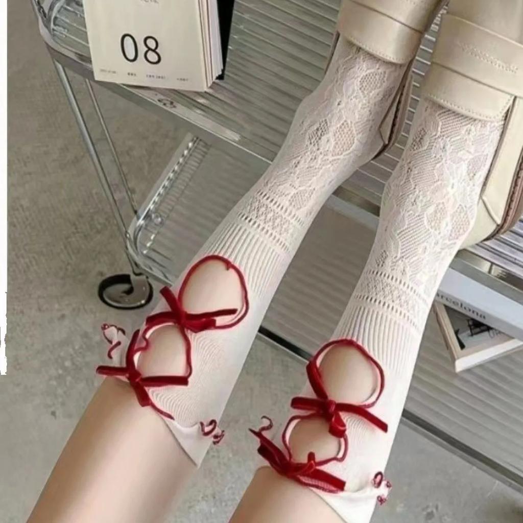1Pairs Hollow Lace Women Long Stockings Fashionable Versatile Knotted White Lolita Style Comfortable Breathable Casual Socks