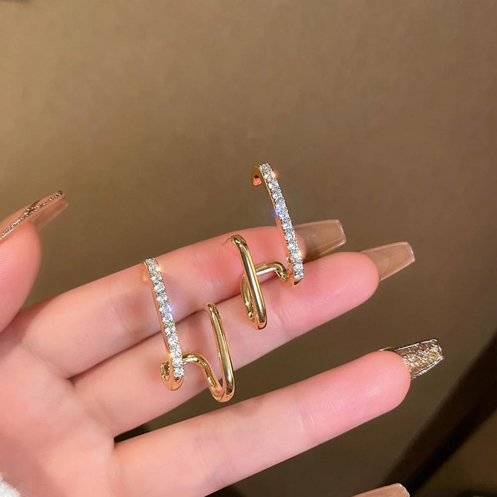 Korean New Design Irregular U-shaped Gold Color Crystal Stud Earrings for Women Girl Fashion Jewelry Daily Wear Gifts