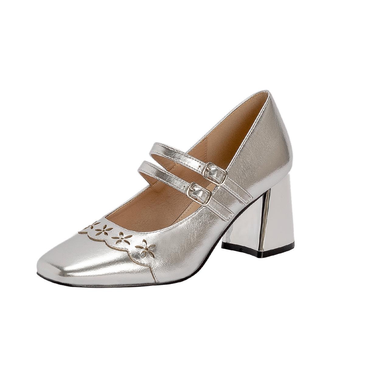 

Square head high heels children s 2025 spring new versatile thick heel silver French retro one-word buckle Mary Jane single shoes 34 серебряный