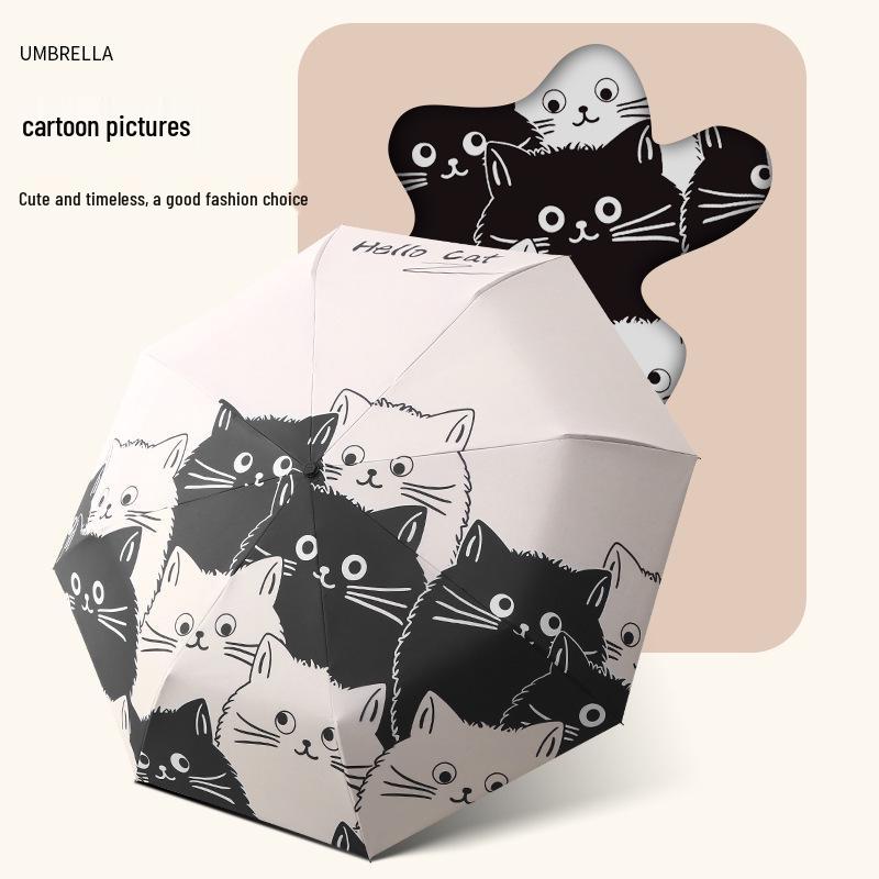 Large Automatic Three-Fold Umbrella: Kitten Design, Black Glue, for Sun and Rain