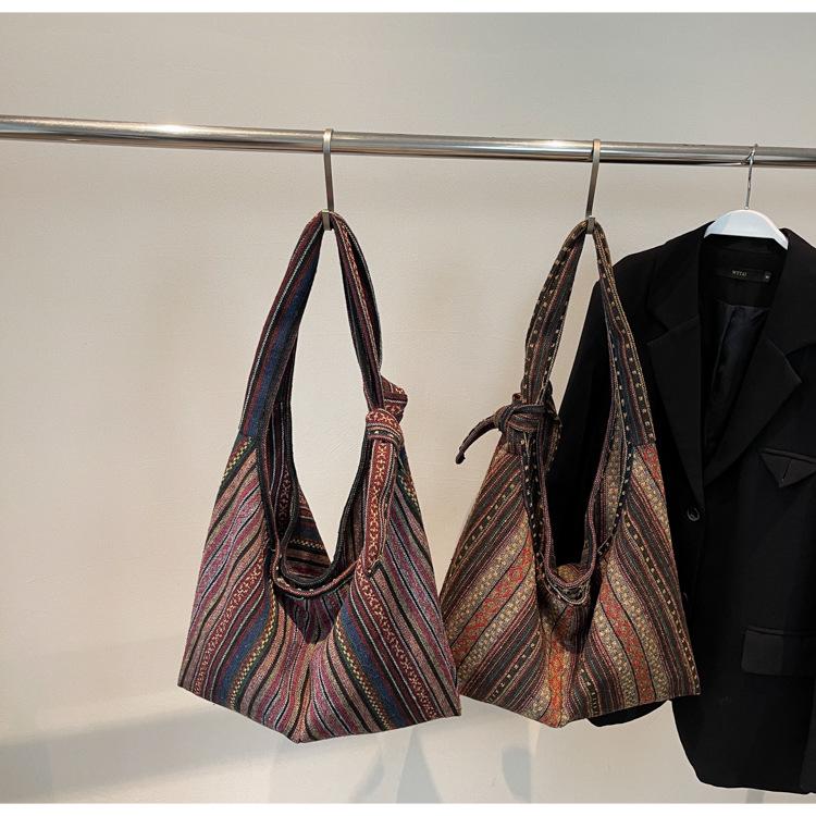 Retro Striped Canvas Shoulder Bag - Large Capacity, Women's Fashion Crossbody